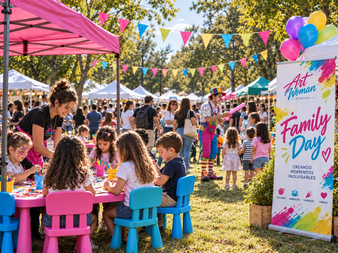 Familias disfrutando de talleres y juegos en un Family Day