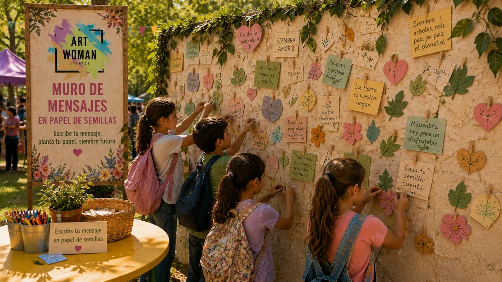 Muro de mensajes en papel de semillas, con niñas escribiendo sus deseos