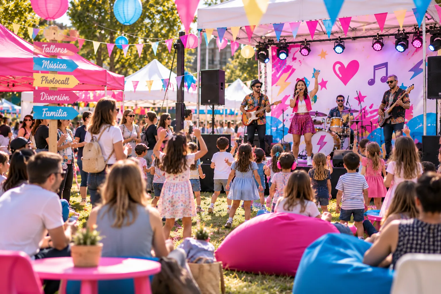 Concierto familiar al aire libre con escenario y público