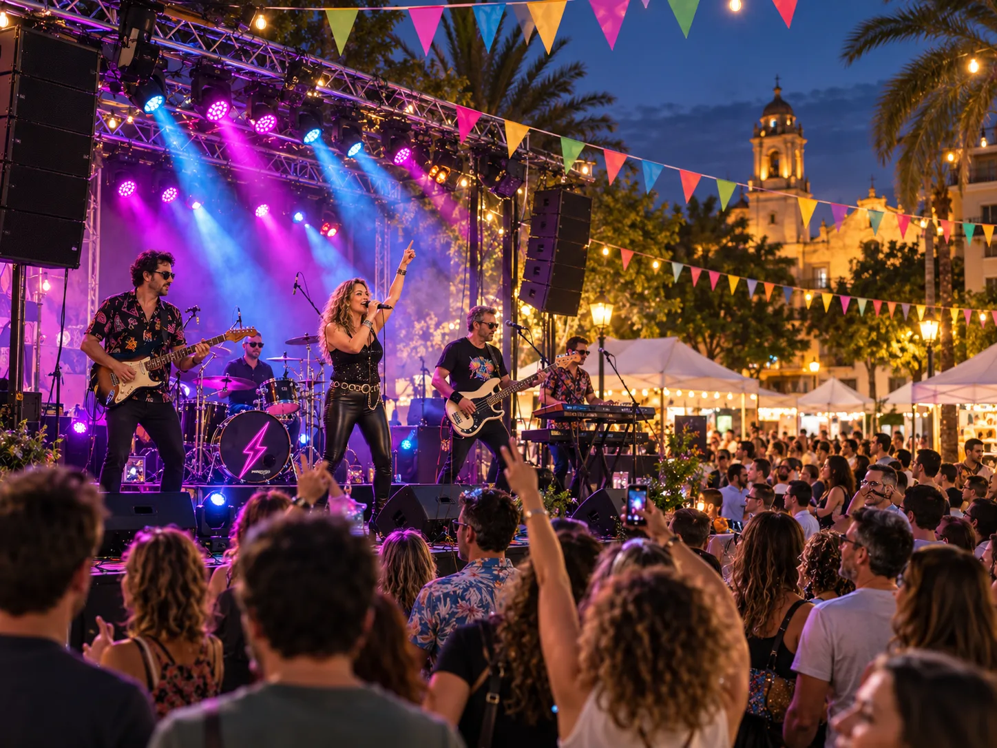 Concierto con escenario e iluminación en una plaza