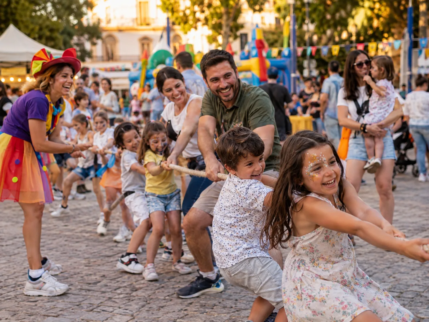 Familias jugando a la cuerda con animadora
