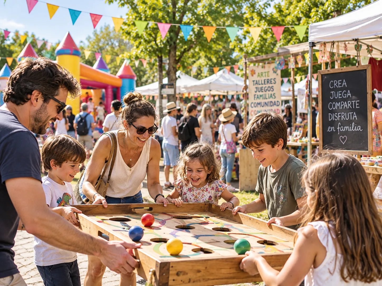 Familia con juegos tradicionales de madera