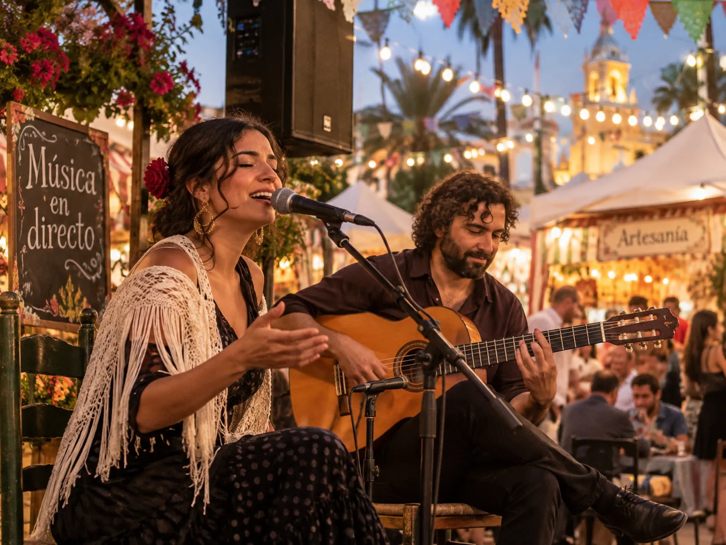Dúo de música en directo en un mercado