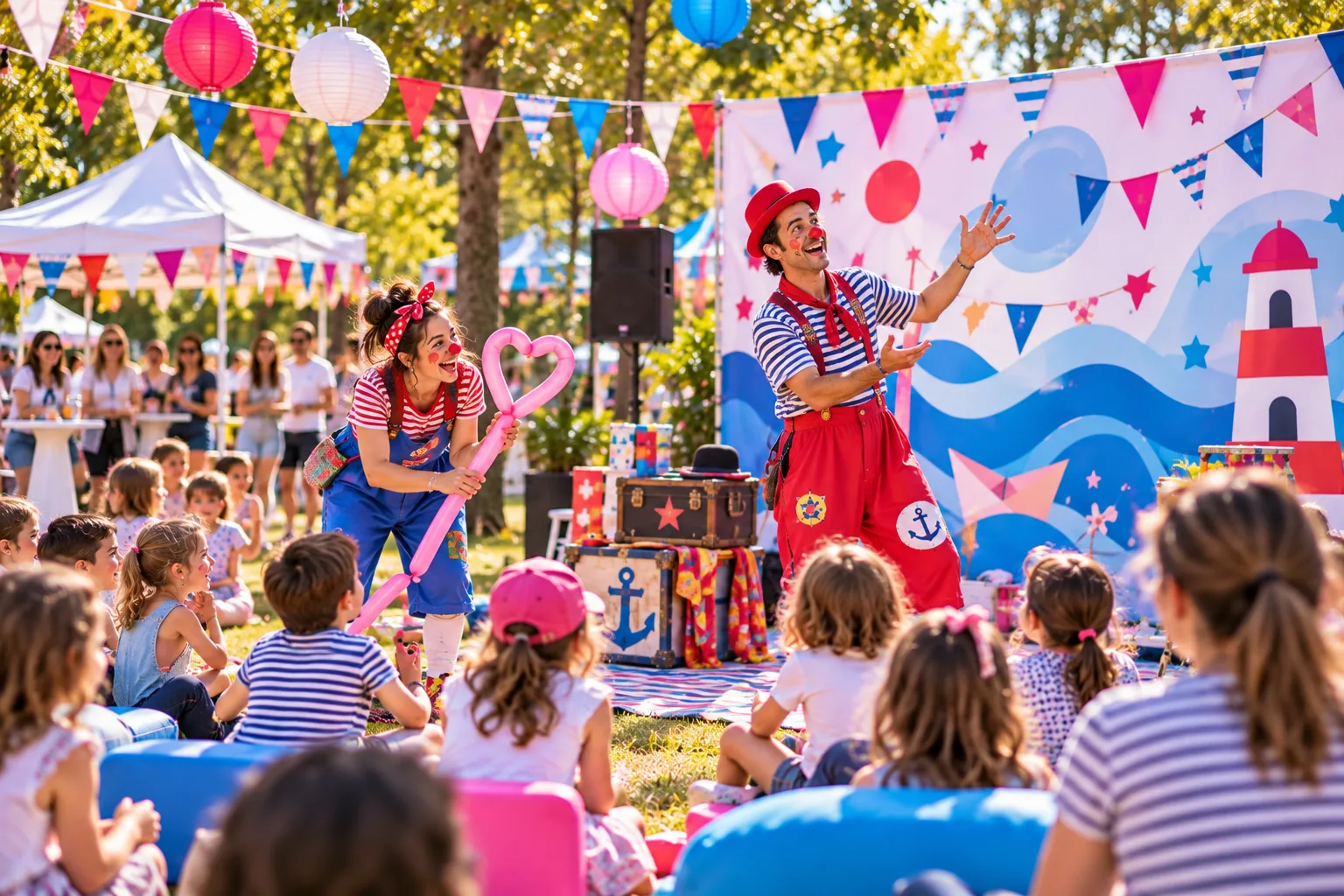 Personajes con globo de corazón en un escenario marinero