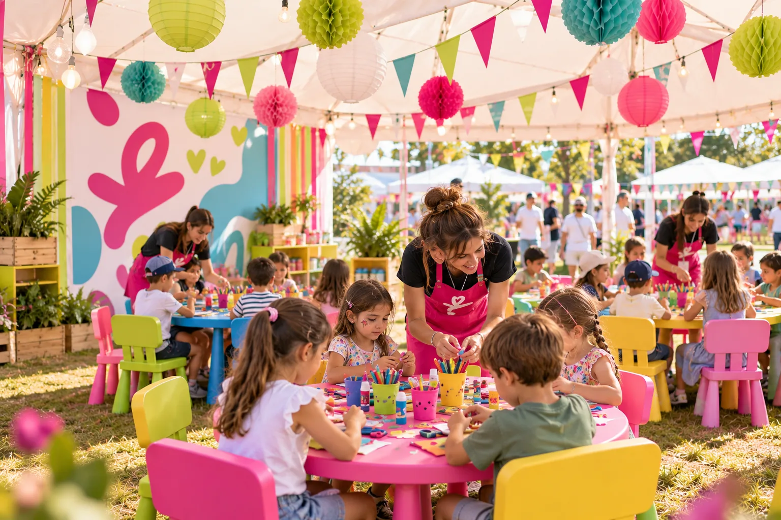 Monitoras con niños en una carpa de manualidades