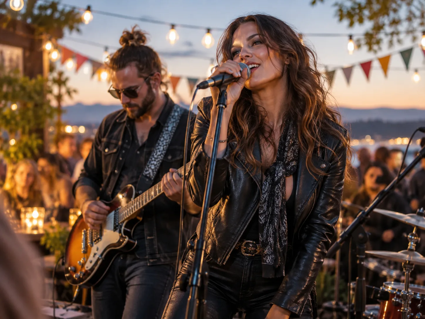 Celebración nocturna con música y luces